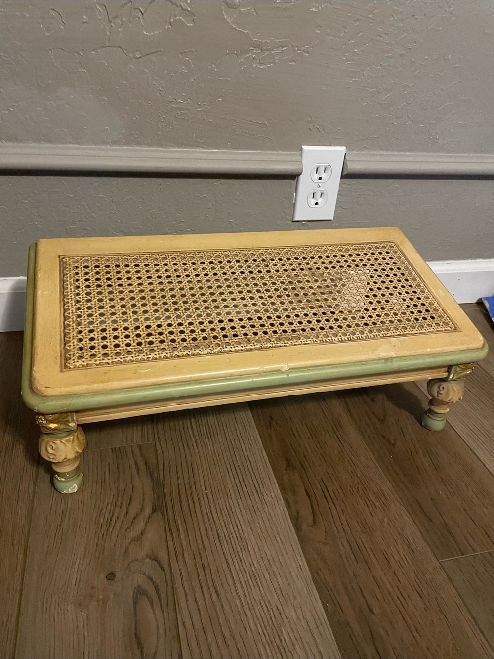 Vintage Wooden Caned Footstool with Finial Front Legs